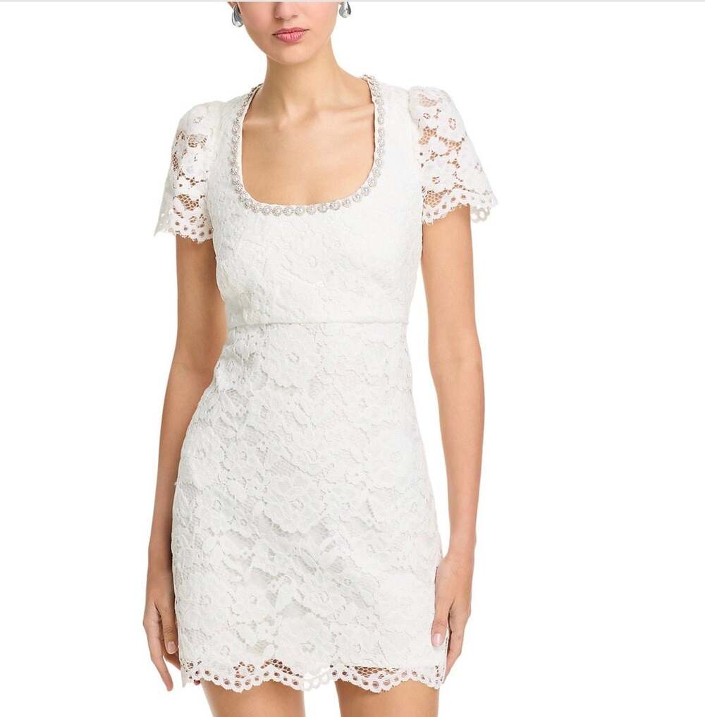 LIKELY Isa White Lace Mini Dress with Crystal/Pearl Trim Size 0